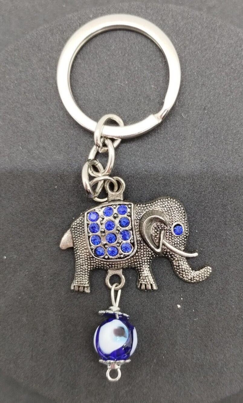 Small Elephant Keychain - Silver Tone - Blue Glass Stones